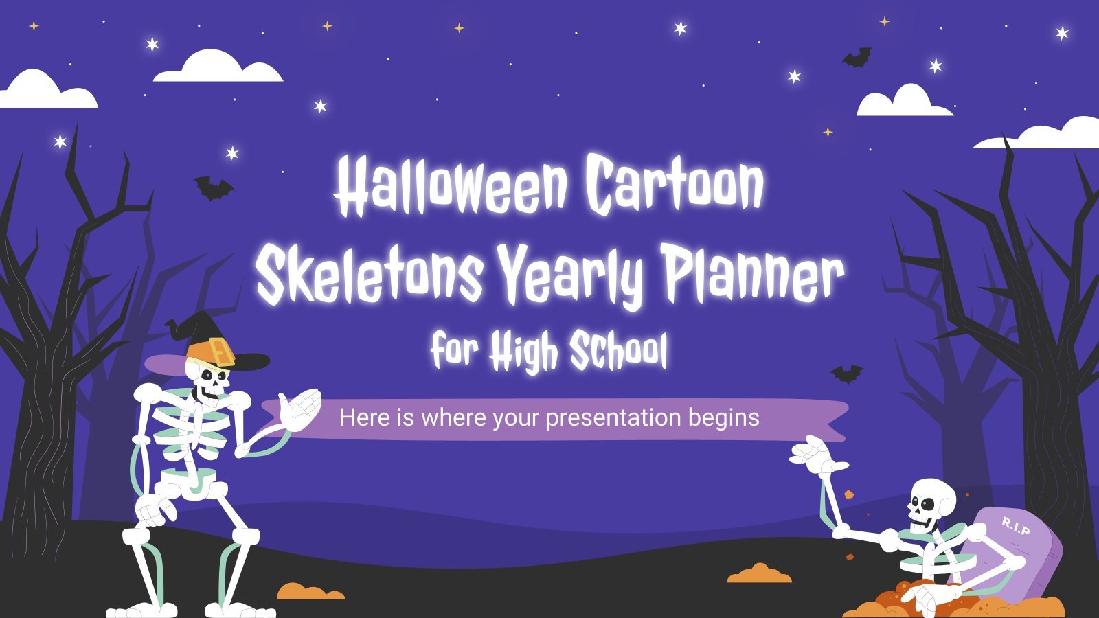 Plantilla de presentación Planificador anual de dibujos de esqueletos de Halloween para el instituto